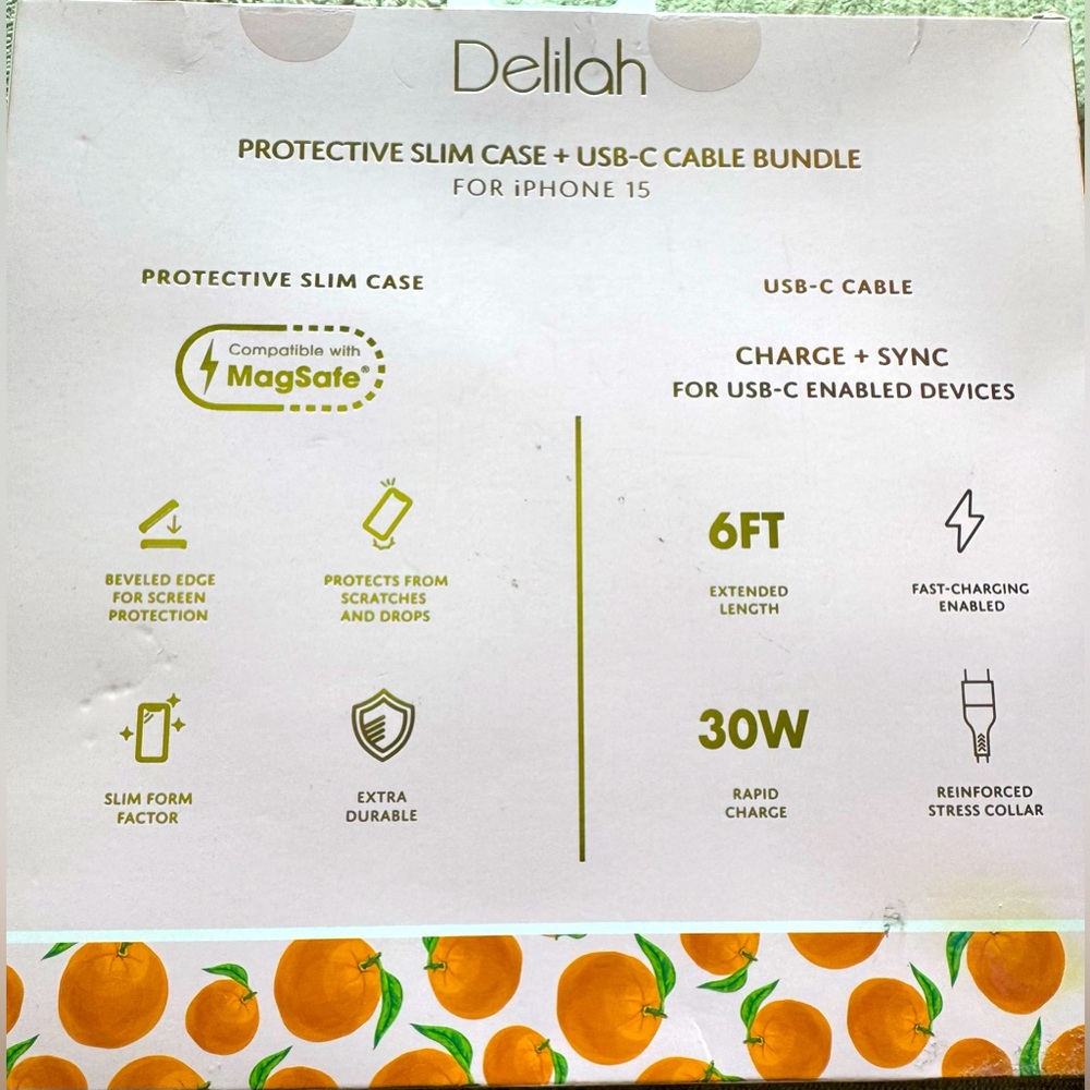 NEW! Delilah Orange Design Protective Slim Case + USB-C Cable for iPhone 15 - Picture 2 of 9